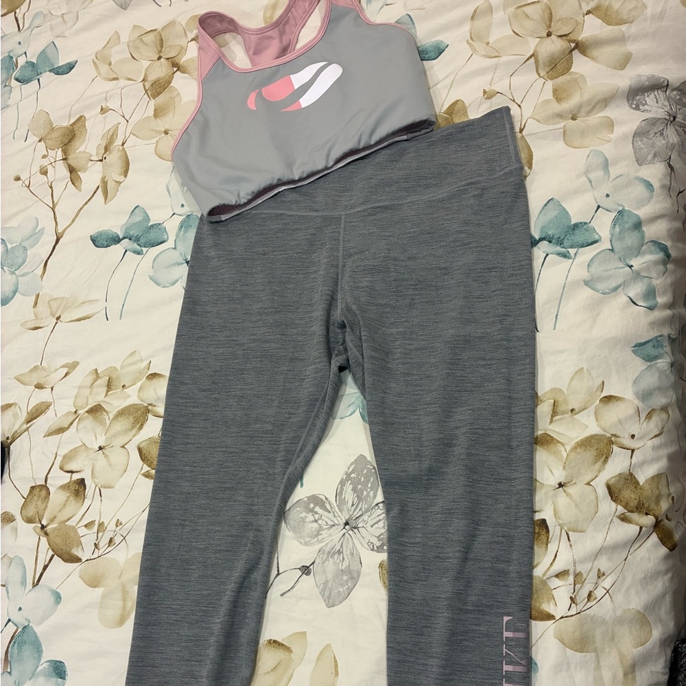 Nike Heather Gray and Pink Leggings and Sports bra size XL